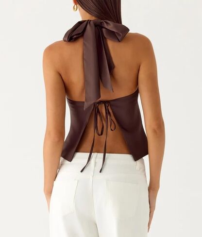 Women Satin Halter Top Twist Front Backless Crop Tank Top Sexy Silk Camisole Going Out Tops in Saudi Arabia