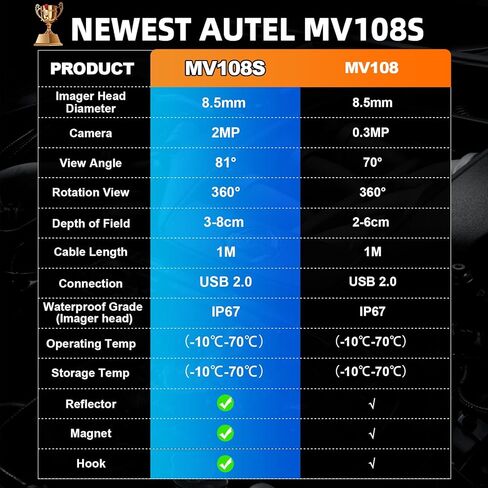 كاميرا فحص Autel MaxiVideo MV108S، منظار USB تصوير مقاوم للماء 8.5 مم مع ضوء، 1920x1080 HD 2MP Borescope لماسح ضوئي Autel والكمبيوتر الشخصي، ترقية MV108 MV105، كاميرا ثعبان مع كابل 1 متر in Saudi Arabia