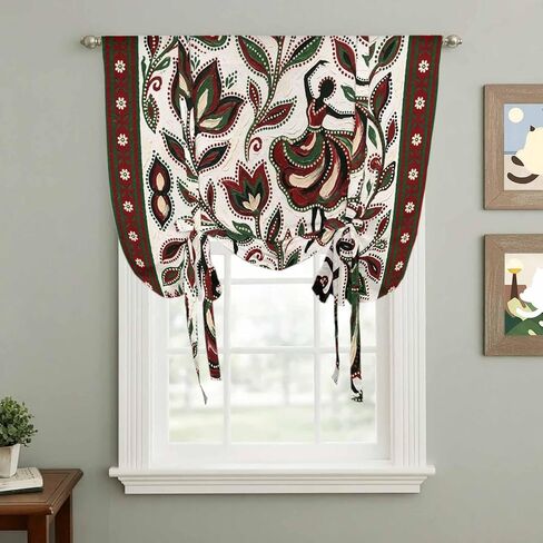 Abstract Flowers Tie Up Curtains for Window, Modern Geometric Chic Red Green Striped Thermal Insulated Balloon Shade Adjustable Rod Pocket Curtains Valance Panels for Kitchen Bathroom Café 52'' x 45'' in Saudi Arabia