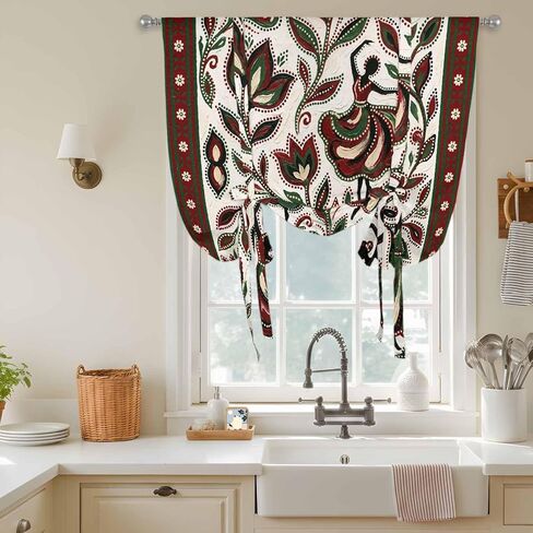 Abstract Flowers Tie Up Curtains for Window, Modern Geometric Chic Red Green Striped Thermal Insulated Balloon Shade Adjustable Rod Pocket Curtains Valance Panels for Kitchen Bathroom Café 52'' x 45'' in Saudi Arabia