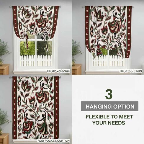 Abstract Flowers Tie Up Curtains for Window, Modern Geometric Chic Red Green Striped Thermal Insulated Balloon Shade Adjustable Rod Pocket Curtains Valance Panels for Kitchen Bathroom Café 52'' x 45'' in Saudi Arabia