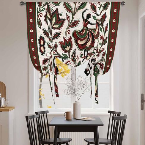 Abstract Flowers Tie Up Curtains for Window, Modern Geometric Chic Red Green Striped Thermal Insulated Balloon Shade Adjustable Rod Pocket Curtains Valance Panels for Kitchen Bathroom Café 52'' x 45'' in Saudi Arabia