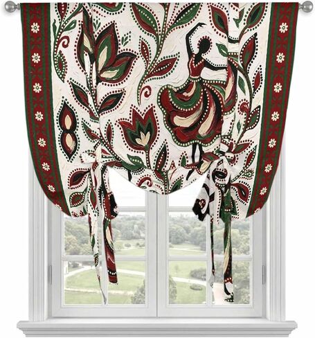 Abstract Flowers Tie Up Curtains for Window, Modern Geometric Chic Red Green Striped Thermal Insulated Balloon Shade Adjustable Rod Pocket Curtains Valance Panels for Kitchen Bathroom Café 52'' x 45'' in Saudi Arabia