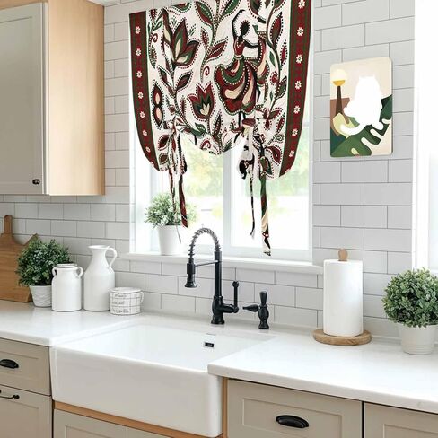 Abstract Flowers Tie Up Curtains for Window, Modern Geometric Chic Red Green Striped Thermal Insulated Balloon Shade Adjustable Rod Pocket Curtains Valance Panels for Kitchen Bathroom Café 52'' x 45'' in Saudi Arabia