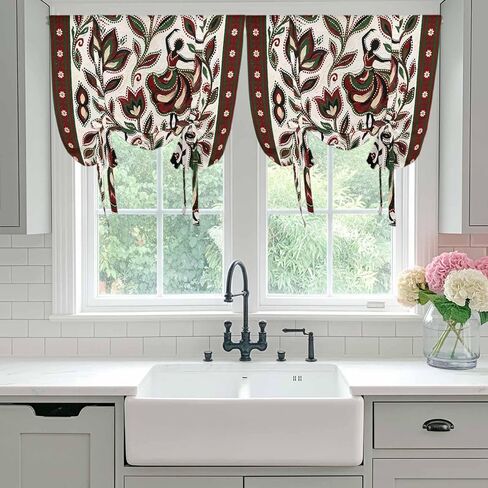 Abstract Flowers Tie Up Curtains for Window, Modern Geometric Chic Red Green Striped Thermal Insulated Balloon Shade Adjustable Rod Pocket Curtains Valance Panels for Kitchen Bathroom Café 52'' x 45'' in Saudi Arabia