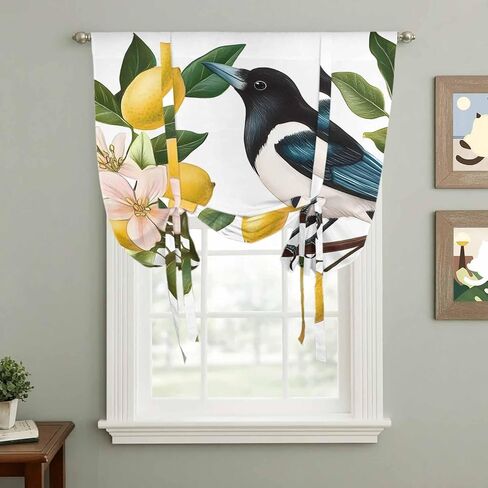 Summer Lemon Tie Up Curtains for Window, Watercolor Birds Vintage Thermal Insulated Balloon Shade Adjustable Rod Pocket Curtains Valance Panels for Kitchen Bathroom Café 42'' x 63'' in Saudi Arabia