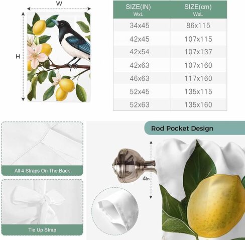 Summer Lemon Tie Up Curtains for Window, Watercolor Birds Vintage Thermal Insulated Balloon Shade Adjustable Rod Pocket Curtains Valance Panels for Kitchen Bathroom Café 42'' x 63'' in Saudi Arabia
