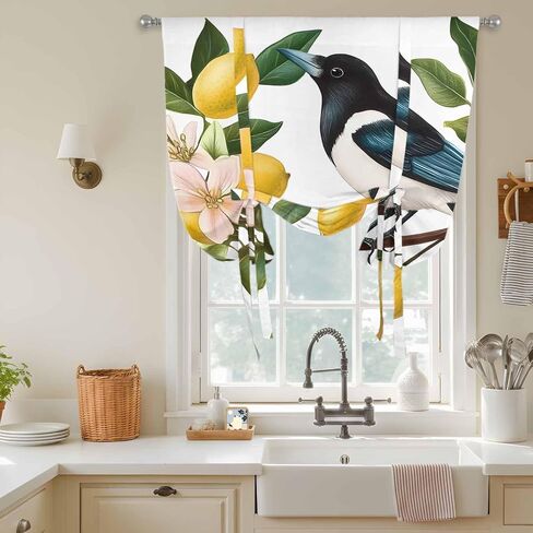 Summer Lemon Tie Up Curtains for Window, Watercolor Birds Vintage Thermal Insulated Balloon Shade Adjustable Rod Pocket Curtains Valance Panels for Kitchen Bathroom Café 42'' x 63'' in Saudi Arabia