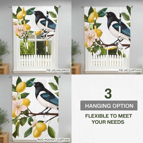 Summer Lemon Tie Up Curtains for Window, Watercolor Birds Vintage Thermal Insulated Balloon Shade Adjustable Rod Pocket Curtains Valance Panels for Kitchen Bathroom Café 42'' x 63'' in Saudi Arabia