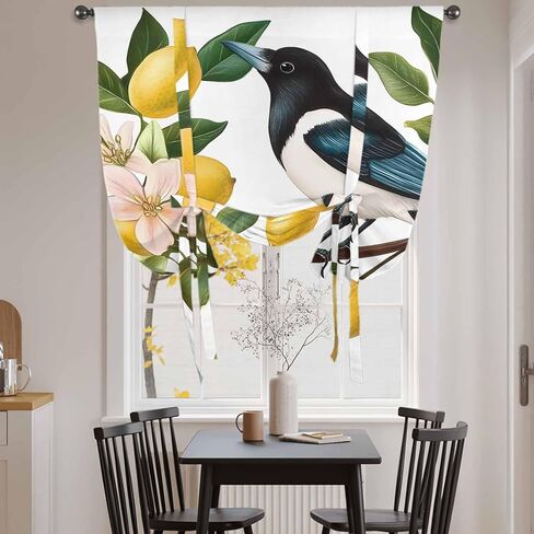 Summer Lemon Tie Up Curtains for Window, Watercolor Birds Vintage Thermal Insulated Balloon Shade Adjustable Rod Pocket Curtains Valance Panels for Kitchen Bathroom Café 42'' x 63'' in Saudi Arabia