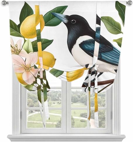 Summer Lemon Tie Up Curtains for Window, Watercolor Birds Vintage Thermal Insulated Balloon Shade Adjustable Rod Pocket Curtains Valance Panels for Kitchen Bathroom Café 42'' x 63'' in Saudi Arabia
