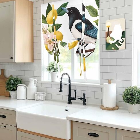 Summer Lemon Tie Up Curtains for Window, Watercolor Birds Vintage Thermal Insulated Balloon Shade Adjustable Rod Pocket Curtains Valance Panels for Kitchen Bathroom Café 42'' x 63'' in Saudi Arabia
