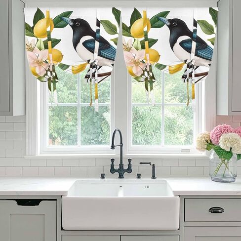 Summer Lemon Tie Up Curtains for Window, Watercolor Birds Vintage Thermal Insulated Balloon Shade Adjustable Rod Pocket Curtains Valance Panels for Kitchen Bathroom Café 42'' x 63'' in Saudi Arabia