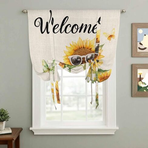Sunflower Butterfly Tie Up Curtains for Window, Vintage Sunglasses Green Leaves Thermal Insulated Balloon Shade Adjustable Rod Pocket Curtains Valance Panels for Kitchen Bathroom Café 52'' x 45'' in Saudi Arabia