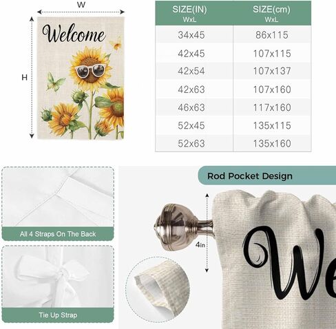 Sunflower Butterfly Tie Up Curtains for Window, Vintage Sunglasses Green Leaves Thermal Insulated Balloon Shade Adjustable Rod Pocket Curtains Valance Panels for Kitchen Bathroom Café 52'' x 45'' in Saudi Arabia