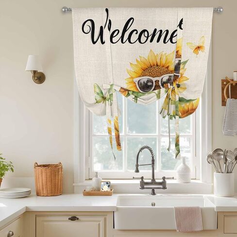 Sunflower Butterfly Tie Up Curtains for Window, Vintage Sunglasses Green Leaves Thermal Insulated Balloon Shade Adjustable Rod Pocket Curtains Valance Panels for Kitchen Bathroom Café 52'' x 45'' in Saudi Arabia