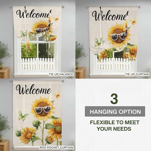 Sunflower Butterfly Tie Up Curtains for Window, Vintage Sunglasses Green Leaves Thermal Insulated Balloon Shade Adjustable Rod Pocket Curtains Valance Panels for Kitchen Bathroom Café 52'' x 45'' in Saudi Arabia