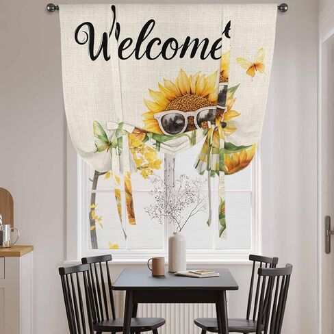 Sunflower Butterfly Tie Up Curtains for Window, Vintage Sunglasses Green Leaves Thermal Insulated Balloon Shade Adjustable Rod Pocket Curtains Valance Panels for Kitchen Bathroom Café 52'' x 45'' in Saudi Arabia