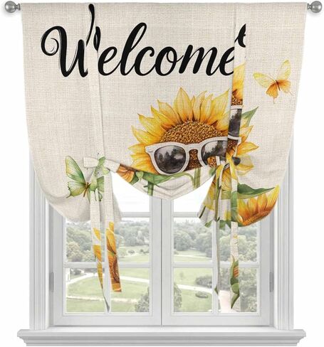 Sunflower Butterfly Tie Up Curtains for Window, Vintage Sunglasses Green Leaves Thermal Insulated Balloon Shade Adjustable Rod Pocket Curtains Valance Panels for Kitchen Bathroom Café 52'' x 45'' in Saudi Arabia