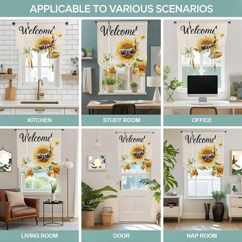 Sunflower Butterfly Tie Up Curtains for Window, Vintage Sunglasses Green Leaves Thermal Insulated Balloon Shade Adjustable Rod Pocket Curtains Valance Panels for Kitchen Bathroom Café 52'' x 45'' in Saudi Arabia