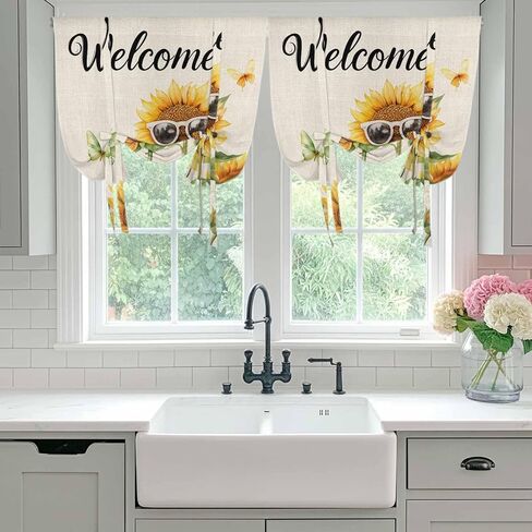 Sunflower Butterfly Tie Up Curtains for Window, Vintage Sunglasses Green Leaves Thermal Insulated Balloon Shade Adjustable Rod Pocket Curtains Valance Panels for Kitchen Bathroom Café 52'' x 45'' in Saudi Arabia