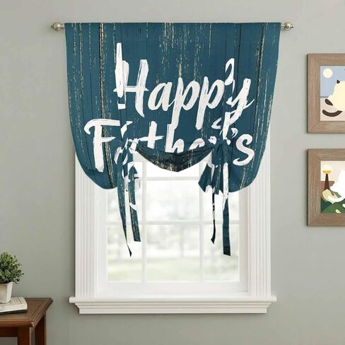 Happy Father's Day Tie Up Curtains for Window, Teal Beige Shabby Wooden Grain Thermal Insulated Balloon Shade Adjustable Rod Pocket Curtains Valance Panels for Kitchen Bathroom Café 42'' x 63'' in Saudi Arabia