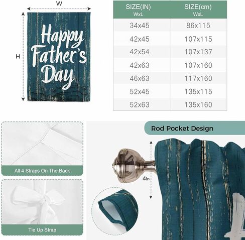 Happy Father's Day Tie Up Curtains for Window, Teal Beige Shabby Wooden Grain Thermal Insulated Balloon Shade Adjustable Rod Pocket Curtains Valance Panels for Kitchen Bathroom Café 42'' x 63'' in Saudi Arabia