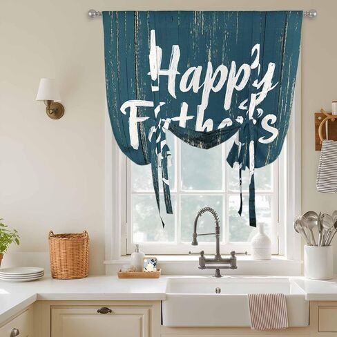 Happy Father's Day Tie Up Curtains for Window, Teal Beige Shabby Wooden Grain Thermal Insulated Balloon Shade Adjustable Rod Pocket Curtains Valance Panels for Kitchen Bathroom Café 42'' x 63'' in Saudi Arabia