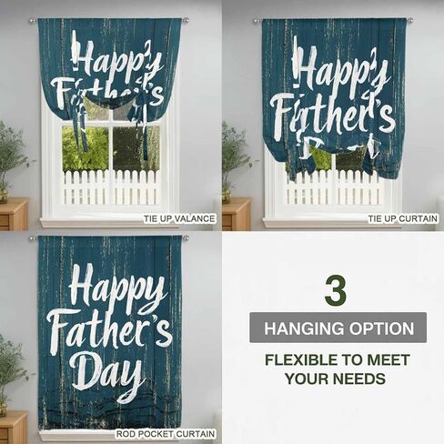 Happy Father's Day Tie Up Curtains for Window, Teal Beige Shabby Wooden Grain Thermal Insulated Balloon Shade Adjustable Rod Pocket Curtains Valance Panels for Kitchen Bathroom Café 42'' x 63'' in Saudi Arabia