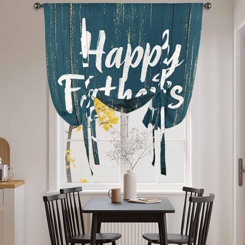 Happy Father's Day Tie Up Curtains for Window, Teal Beige Shabby Wooden Grain Thermal Insulated Balloon Shade Adjustable Rod Pocket Curtains Valance Panels for Kitchen Bathroom Café 42'' x 63'' in Saudi Arabia