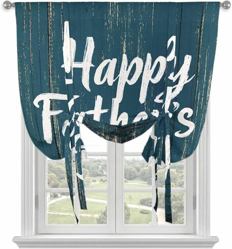 Happy Father's Day Tie Up Curtains for Window, Teal Beige Shabby Wooden Grain Thermal Insulated Balloon Shade Adjustable Rod Pocket Curtains Valance Panels for Kitchen Bathroom Café 42'' x 63'' in Saudi Arabia