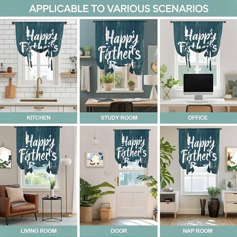 Happy Father's Day Tie Up Curtains for Window, Teal Beige Shabby Wooden Grain Thermal Insulated Balloon Shade Adjustable Rod Pocket Curtains Valance Panels for Kitchen Bathroom Café 42'' x 63'' in Saudi Arabia