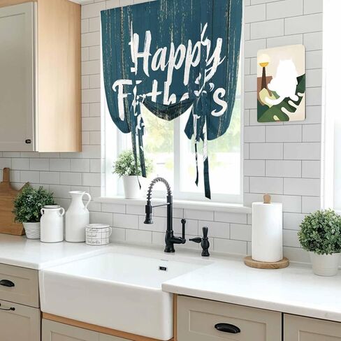 Happy Father's Day Tie Up Curtains for Window, Teal Beige Shabby Wooden Grain Thermal Insulated Balloon Shade Adjustable Rod Pocket Curtains Valance Panels for Kitchen Bathroom Café 42'' x 63'' in Saudi Arabia