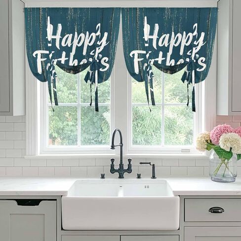 Happy Father's Day Tie Up Curtains for Window, Teal Beige Shabby Wooden Grain Thermal Insulated Balloon Shade Adjustable Rod Pocket Curtains Valance Panels for Kitchen Bathroom Café 42'' x 63'' in Saudi Arabia