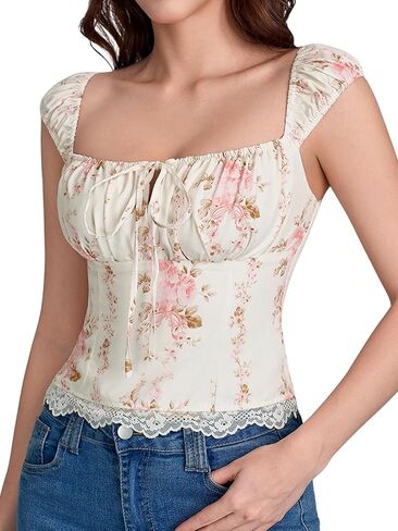 EYNMIN Summer Lace Floral Corset Tops For Women Tie Front Square Neck Smocked Y2K Bustier Going Out Crop Top 2026 Trendy in Kuwait