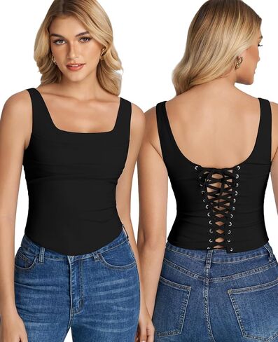 XinFSh Women's Summer Square Neck Corset Tank Top Sexy Y2K Going Out Ruched Crop Tops in Kuwait