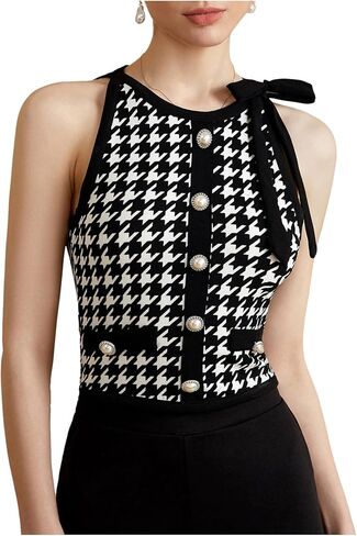 Women's Houndstooth Print Bow Tank Top Crew Neck Sleeveless Button Front Elegant Crop Tops in Saudi Arabia