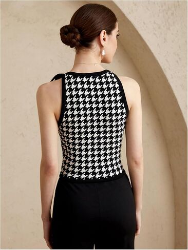 Women's Houndstooth Print Bow Tank Top Crew Neck Sleeveless Button Front Elegant Crop Tops in Saudi Arabia