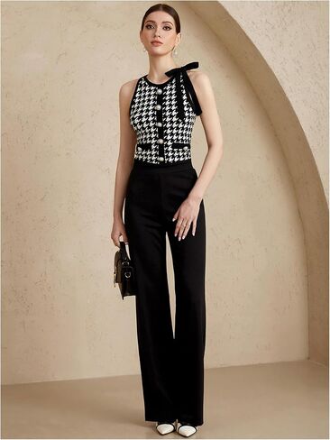 Women's Houndstooth Print Bow Tank Top Crew Neck Sleeveless Button Front Elegant Crop Tops in Saudi Arabia