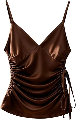 SHENHE Women's Satin Camisole Tank Top V Neck Drawstring Ruched Spaghetti Strap Dressy Cami in Saudi Arabia