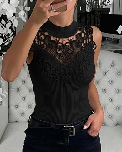 بلوزة نسائية من CHICME بدون أكمام من الدانتيل ورقبة وهمية ومتماسكة ومضلعة، ملابس صيفية أنيقة شبكية ذات ياقة مدورة in Kuwait