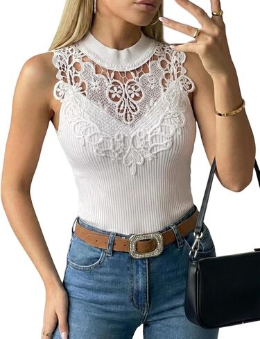 بلوزة نسائية من CHICME بدون أكمام من الدانتيل ورقبة وهمية ومتماسكة ومضلعة، ملابس صيفية أنيقة شبكية ذات ياقة مدورة in Kuwait