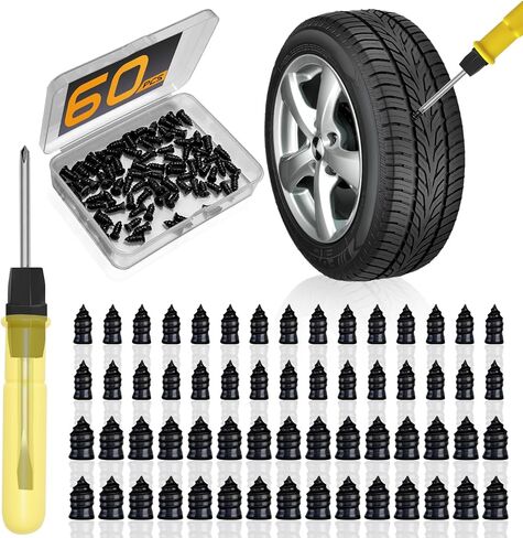 60pcs Tire Plugs Kit, Tire Repair Rubber Nails, Self-Service Vacuum Tyre Screws (30S+30L) Fast Repair Quick Puncture Tools with a Box, Double-ended Screwdriver, for Car Motorcycle Truck Tractor ATV in Saudi Arabia