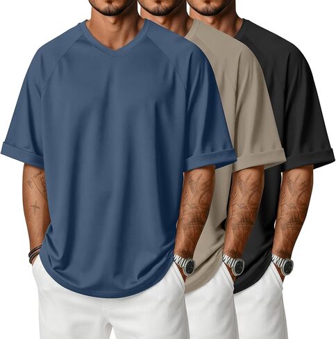 مجموعة من 3 قمصان رجالية كبيرة الحجم فضفاضة نصف كم قصير ورقبة على شكل حرف V وأكمام ملفوفة قمصان صيفية سادة غير رسمية in Kuwait