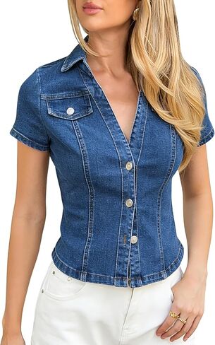 قميص نسائي من قماش الدنيم بأزرار سفلية وأكمام قصيرة ورقبة على شكل حرف V وقصة ضيقة للصيف كاجوال in Kuwait