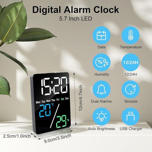 Lafocuse 5.7" LED Digital Alarm Clock Bedside, Table Clocks with Dual Alarm, Date, Day, Temperature, DST, USB Charging, Snooze for Heavy Sleepers Elderly Bedroom Living Room Office in Kuwait