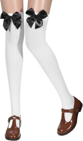 Women’s Thigh Highs with Satin Bow Accent, Cute & Sexy Hold-ups Snag-Resistant Knee High Long Socks Soft Stretchy White Thigh High Stockings for Dress Uniform Lolita Daily Wear(Black Bow) in Kuwait