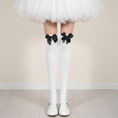 Women’s Thigh Highs with Satin Bow Accent, Cute & Sexy Hold-ups Snag-Resistant Knee High Long Socks Soft Stretchy White Thigh High Stockings for Dress Uniform Lolita Daily Wear(Black Bow) in Kuwait