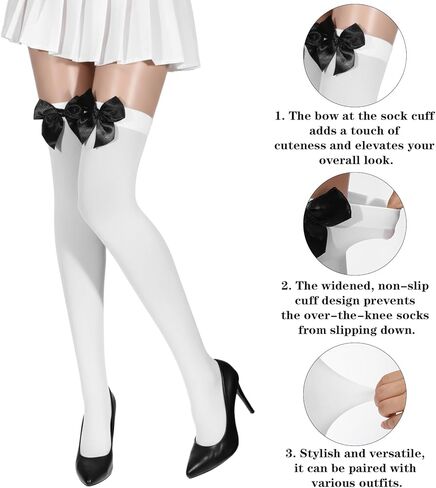 Women’s Thigh Highs with Satin Bow Accent, Cute & Sexy Hold-ups Snag-Resistant Knee High Long Socks Soft Stretchy White Thigh High Stockings for Dress Uniform Lolita Daily Wear(Black Bow) in Kuwait