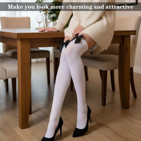 Women’s Thigh Highs with Satin Bow Accent, Cute & Sexy Hold-ups Snag-Resistant Knee High Long Socks Soft Stretchy White Thigh High Stockings for Dress Uniform Lolita Daily Wear(Black Bow) in Kuwait